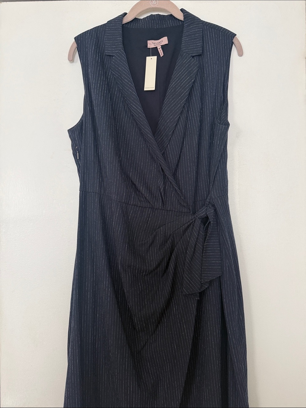 Rebecca Taylor Navy Pinstripe Sleeveless Wrap-Style Midi Dress